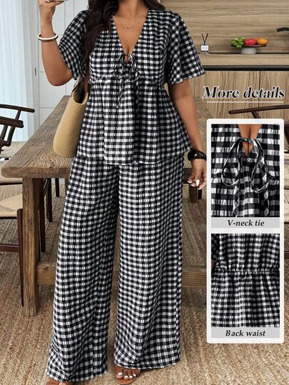 Breezaya Plus Size Plaid V-Neck Loose Ruffle Trim Short Sleeve Shirt & Pants 2 Pieces Set