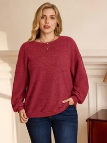 BrightlyHer Plus Size Minimalist Soft Form Casual Decent Simple Traditional Elegant Solid Color Crew Neck Long Sleeve Sweatshirt Vacation Homewear Formal Burgundy - Red - View 6