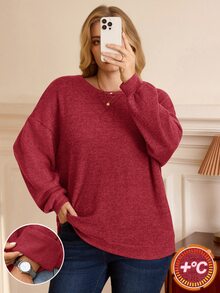 BrightlyHer Plus Size Minimalist Soft Form Casual Decent Simple Traditional Elegant Solid Color Crew Neck Long Sleeve Sweatshirt Vacation Homewear Formal Burgundy - Red - View 8