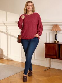 BrightlyHer Plus Size Minimalist Soft Form Casual Decent Simple Traditional Elegant Solid Color Crew Neck Long Sleeve Sweatshirt Vacation Homewear Formal Burgundy - Red - View 7