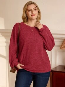 BrightlyHer Plus Size Minimalist Soft Form Casual Decent Simple Traditional Elegant Solid Color Crew Neck Long Sleeve Sweatshirt Vacation Homewear Formal Burgundy - Red - View 4