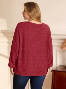 BrightlyHer Plus Size Minimalist Soft Form Casual Decent Simple Traditional Elegant Solid Color Crew Neck Long Sleeve Sweatshirt Vacation Homewear Formal Burgundy - Red - View 3
