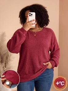 BrightlyHer Plus Size Minimalist Soft Form Casual Decent Simple Traditional Elegant Solid Color Crew Neck Long Sleeve Sweatshirt Vacation Homewear Formal Burgundy - Red - View 1