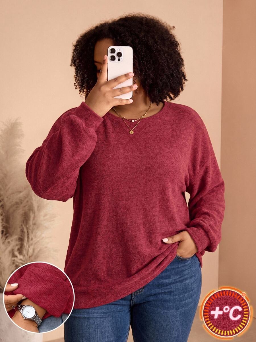 BrightlyHer Plus Size Minimalist Soft Form Casual Decent Simple Traditional Elegant Solid Color Crew Neck Long Sleeve Sweatshirt Vacation Homewear Formal Burgundy - Red - View 1