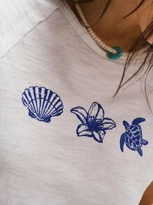 Bohemela 夏季女款藍白休閒百搭度假純棉藍色海洋印花針織圓領T恤女式圖案上衣沙灘 - 白色 - 查看 6
