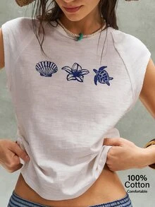 Bohemela 夏季女款藍白休閒百搭度假純棉藍色海洋印花針織圓領T恤女式圖案上衣沙灘 - 白色 - 查看 2