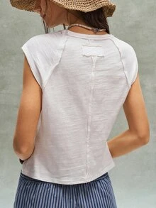 Bohemela 夏季女款藍白休閒百搭度假純棉藍色海洋印花針織圓領T恤女式圖案上衣沙灘 - 白色 - 查看 3