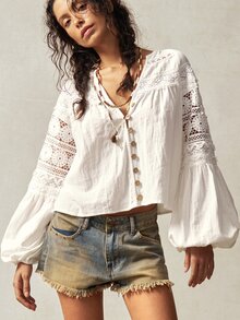 Bohemela 女士前扣长袖休闲宽松衬衫，适合度假 - 白色 - 查看 2