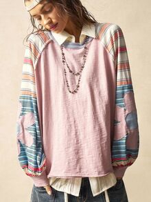 Bohemela Casual Knit Color Block Round Neck Loose Fit Long Sleeve Sweatshirt For Women In Fall/Winter - Pink - View 6