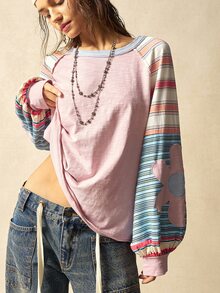 Bohemela Casual Knit Color Block Round Neck Loose Fit Long Sleeve Sweatshirt For Women In Fall/Winter - Pink - View 5