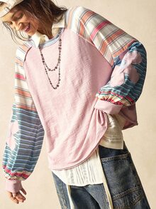 Bohemela Casual Knit Color Block Round Neck Loose Fit Long Sleeve Sweatshirt For Women In Fall/Winter - Pink - View 4