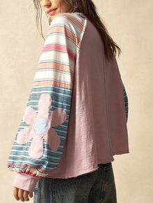Bohemela Casual Knit Color Block Round Neck Loose Fit Long Sleeve Sweatshirt For Women In Fall/Winter - Pink - View 2