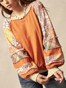 Bohemela 女士休闲拼接针织图案圆领长袖宽松卫衣，适合情人节、音乐节、乡村复古等场合 - 橘色 - 查看 2