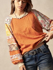 Bohemela 女士休闲拼接针织图案圆领长袖宽松卫衣，适合情人节、音乐节、乡村复古等场合 - 橘色 - 查看 4