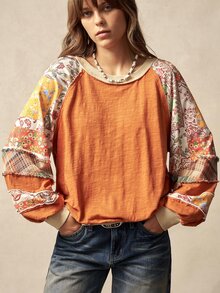 Bohemela 女士休闲拼接针织图案圆领长袖宽松卫衣，适合情人节、音乐节、乡村复古等场合 - 橘色 - 查看 3