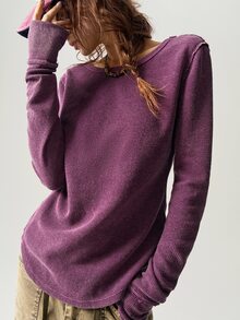 Bohemela Casual Solid Color Knitted Crew Neck Long Sleeve Form-Fitting Women T-Shirt - Purple - View 7