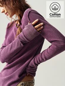 Bohemela Casual Solid Color Knitted Crew Neck Long Sleeve Form-Fitting Women T-Shirt - Purple - View 1