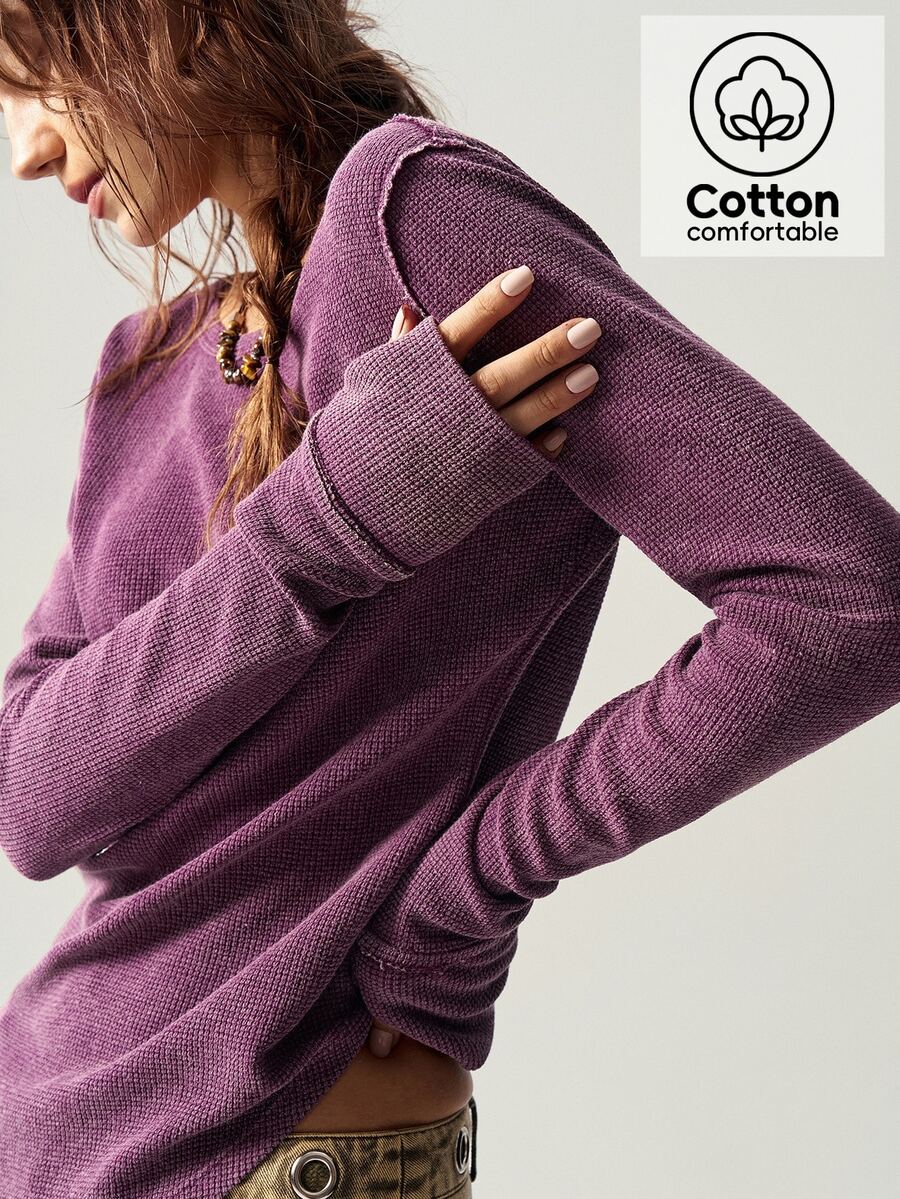 Bohemela Casual Solid Color Knitted Crew Neck Long Sleeve Form-Fitting Women T-Shirt - Purple - View 1