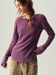 Bohemela Casual Solid Color Knitted Crew Neck Long Sleeve Form-Fitting Women T-Shirt - Purple - View 5