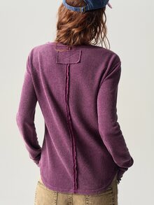 Bohemela Casual Solid Color Knitted Crew Neck Long Sleeve Form-Fitting Women T-Shirt - Purple - View 2