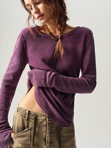 Bohemela Casual Solid Color Knitted Crew Neck Long Sleeve Form-Fitting Women T-Shirt - Purple - View 3