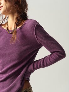 Bohemela Casual Solid Color Knitted Crew Neck Long Sleeve Form-Fitting Women T-Shirt - Purple - View 8