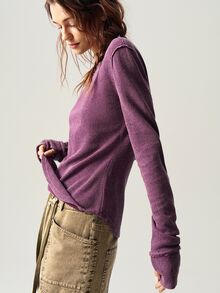 Bohemela Casual Solid Color Knitted Crew Neck Long Sleeve Form-Fitting Women T-Shirt - Purple - View 4