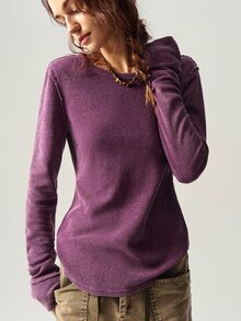 Bohemela Casual Solid Color Knitted Crew Neck Long Sleeve Form-Fitting Women T-Shirt - Purple - View 6