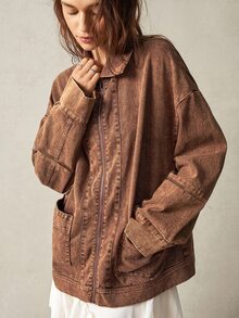 Bohemela Chaqueta de manga larga con cuello alto y bolsillo para mujer, marrón café, casual, para uso diario y turismo en otoño - Marrón - Ver 4