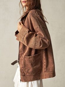 Bohemela Chaqueta de manga larga con cuello alto y bolsillo para mujer, marrón café, casual, para uso diario y turismo en otoño - Marrón - Ver 2