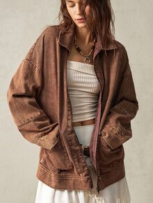 Bohemela Chaqueta de manga larga con cuello alto y bolsillo para mujer, marrón café, casual, para uso diario y turismo en otoño - Marrón - Ver 7