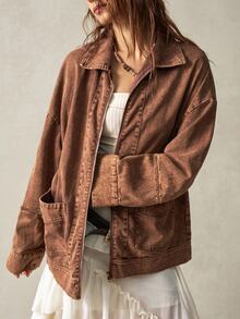 Bohemela Chaqueta de manga larga con cuello alto y bolsillo para mujer, marrón café, casual, para uso diario y turismo en otoño - Marrón - Ver 3