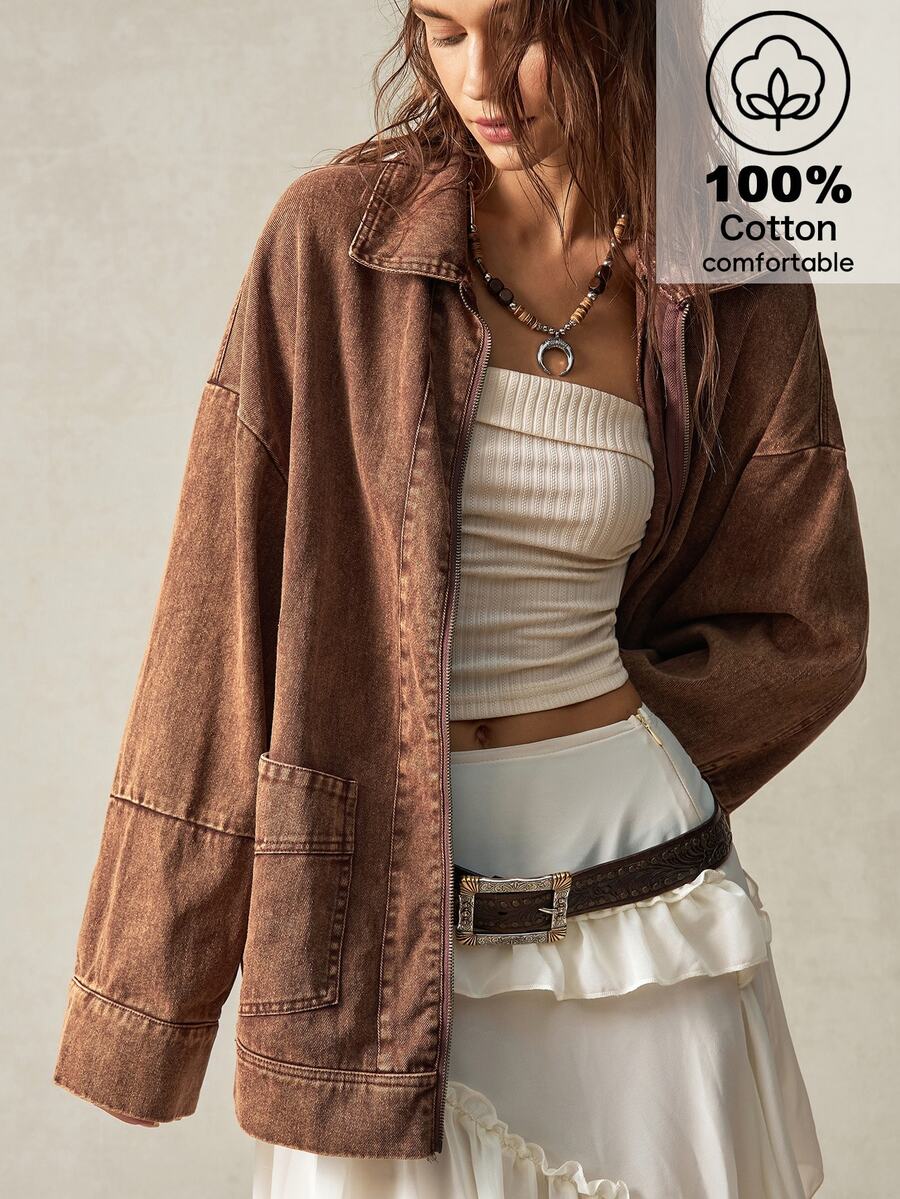 Bohemela Chaqueta de manga larga con cuello alto y bolsillo para mujer, marrón café, casual, para uso diario y turismo en otoño - Marrón - Ver 1