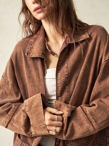 Bohemela Chaqueta de manga larga con cuello alto y bolsillo para mujer, marrón café, casual, para uso diario y turismo en otoño - Marrón - Ver 5