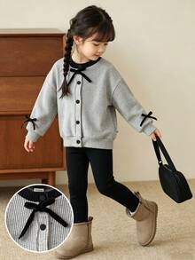 Genkimix Kids Young Girls Cute Casual Jacket Set Ribbed Bow‑Decor Button Front Cardigan & Solid Leggings 2‑Piece Casual Young Girls Matching Back To School Fall Clothes - Multicolor - View 3