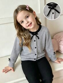 Genkimix Kids Young Girls Cute Casual Jacket Set Ribbed Bow‑Decor Button Front Cardigan & Solid Leggings 2‑Piece Casual Young Girls Matching Back To School Fall Clothes - Multicolor - View 1