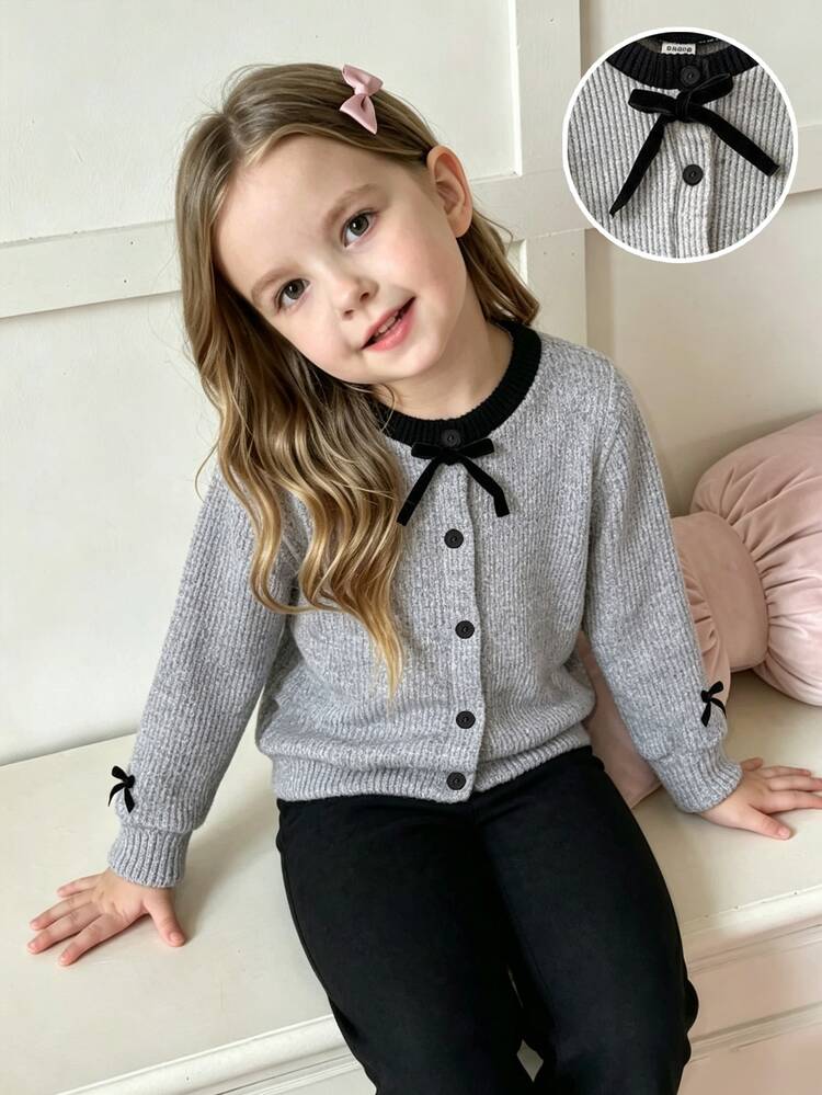 Genkimix Kids Young Girls Cute Casual Jacket Set Ribbed Bow‑Decor Button Front Cardigan & Solid Leggings 2‑Piece Casual Young Girls Matching Back To School Fall Clothes - Multicolor - View 3