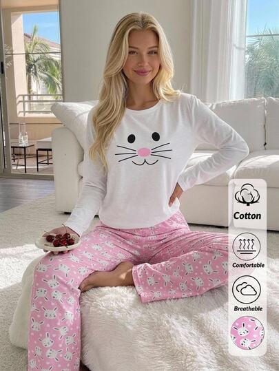 SHEIN Conjunto de Pijama de 2 Peças Cotton Plus para Mulher com Top de Manga Comprida Branco com Estampa de Coelho e Calças Confortáveis de Cintura Alta