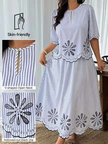 Weeklong Plus Size Vacation Casual Striped Shirt & Skirt 2 Pieces Set - Blue and White - View 1