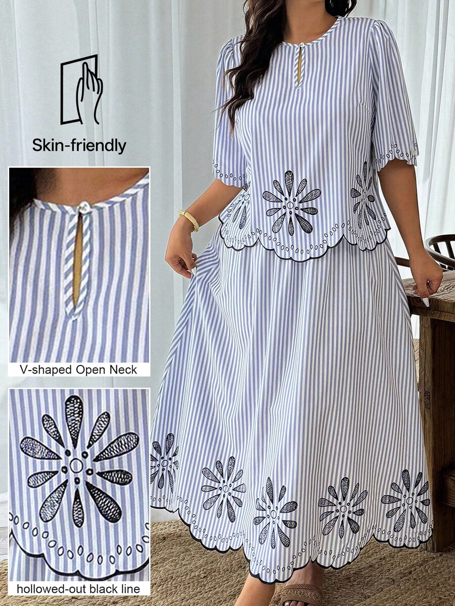 Weeklong Plus Size Vacation Casual Striped Shirt & Skirt 2 Pieces Set - Blue and White - View 1