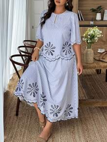 Weeklong Plus Size Vacation Casual Striped Shirt & Skirt 2 Pieces Set - Blue and White - View 6