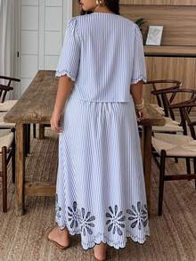 Weeklong Plus Size Vacation Casual Striped Shirt & Skirt 2 Pieces Set - Blue and White - View 2