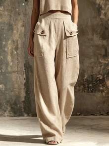 SHEIN Women's Casual Everyday Linen Wide Leg Pants With Cargo Pockets Brunch Vacation Khaki Autumn - Khaki - View 4
