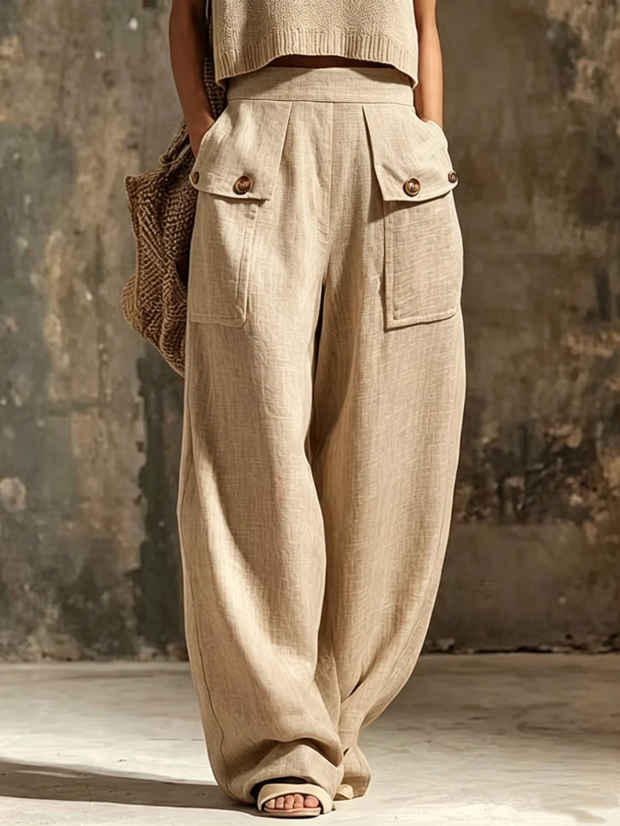 SHEIN Women's Casual Everyday Linen Wide Leg Pants With Cargo Pockets Brunch Vacation Khaki Autumn - Khaki - View 1