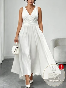 Elenzga Plus Size White Shirred Sleeveless Back Shirred Waist Flare Midi Dress - White - View 3