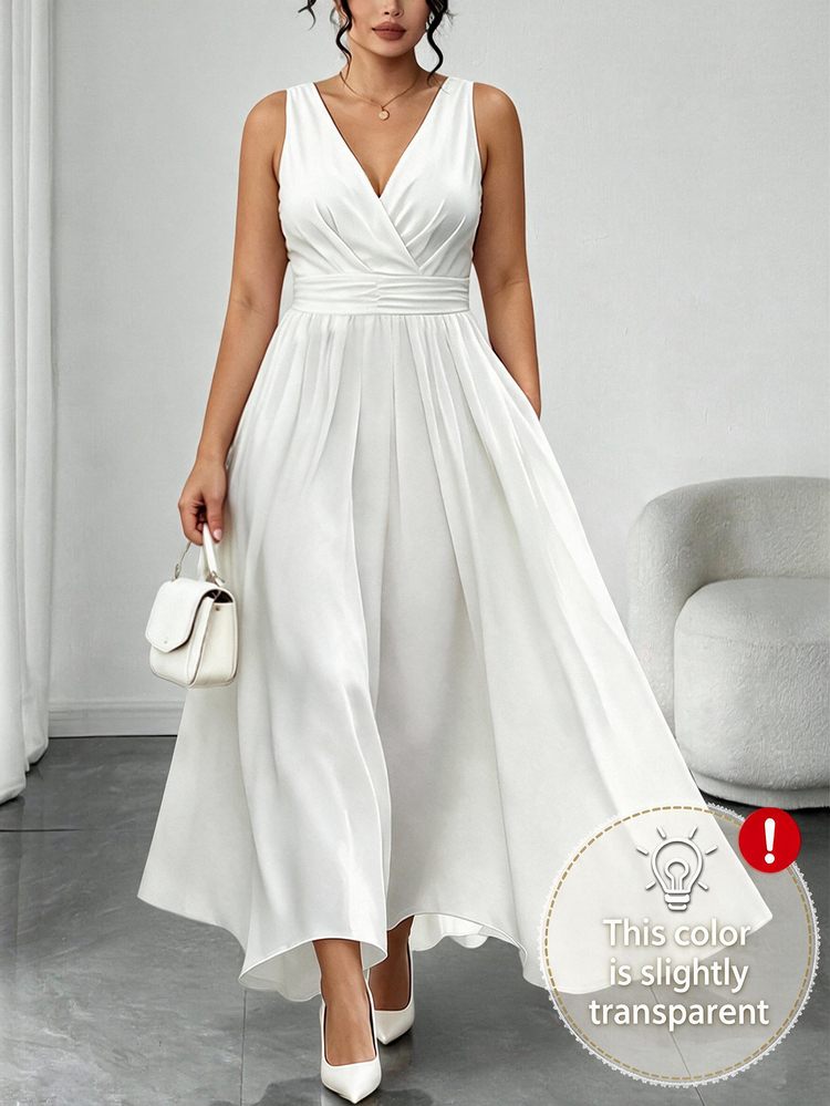 Elenzga Plus Size White Shirred Sleeveless Back Shirred Waist Flare Midi Dress - White - View 3