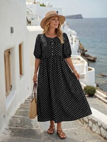 EMERY ROSE Women's Polka Dot Print Long Casual French Vintage Vacation Dress Vacation Black White Polka Dot Polka Dot Summer Vacation - Black - View 7