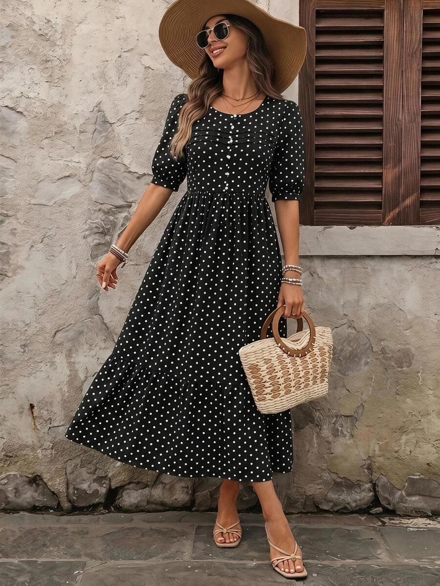 EMERY ROSE Women's Polka Dot Print Long Casual French Vintage Vacation Dress Vacation Black White Polka Dot Polka Dot Summer Vacation - Black - View 1