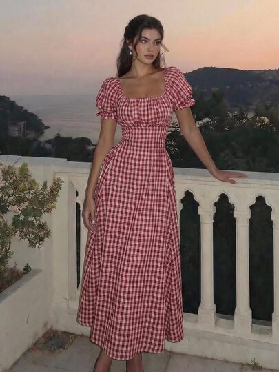 SHEIN MOD Red And White Plaid Petal Sleeve Ruched Bust Side Tie Mid-Length Dress Oktoberfest Summer Cottage Core Vintage.Halloween.Back To School.