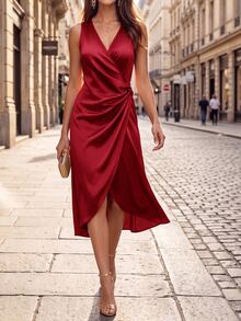 Ellevyn Women's Satin Halter Neck Ruched Curved Hem Elegant Sexy Commute Light Party Cocktail Dinner Night Out V-Neck Midi Dress Wedding Dark Red Summer - Burgundy - View 7
